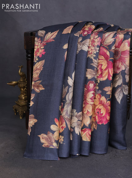 Pure tussar silk saree elephant grey with allover floral digital prints in borderless style