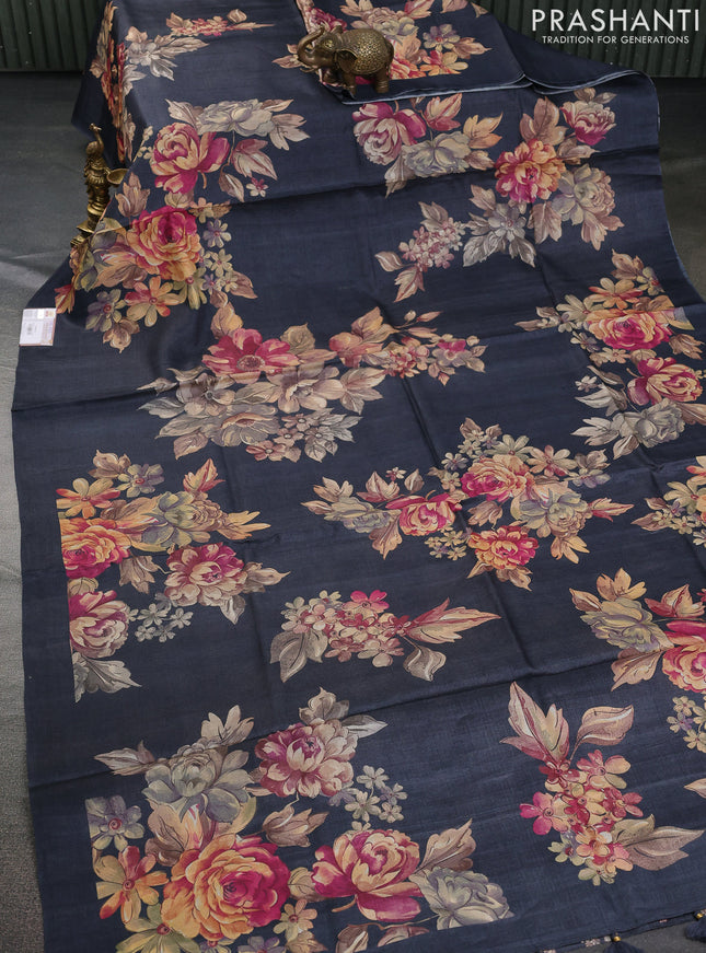 Pure tussar silk saree elephant grey with allover floral digital prints in borderless style