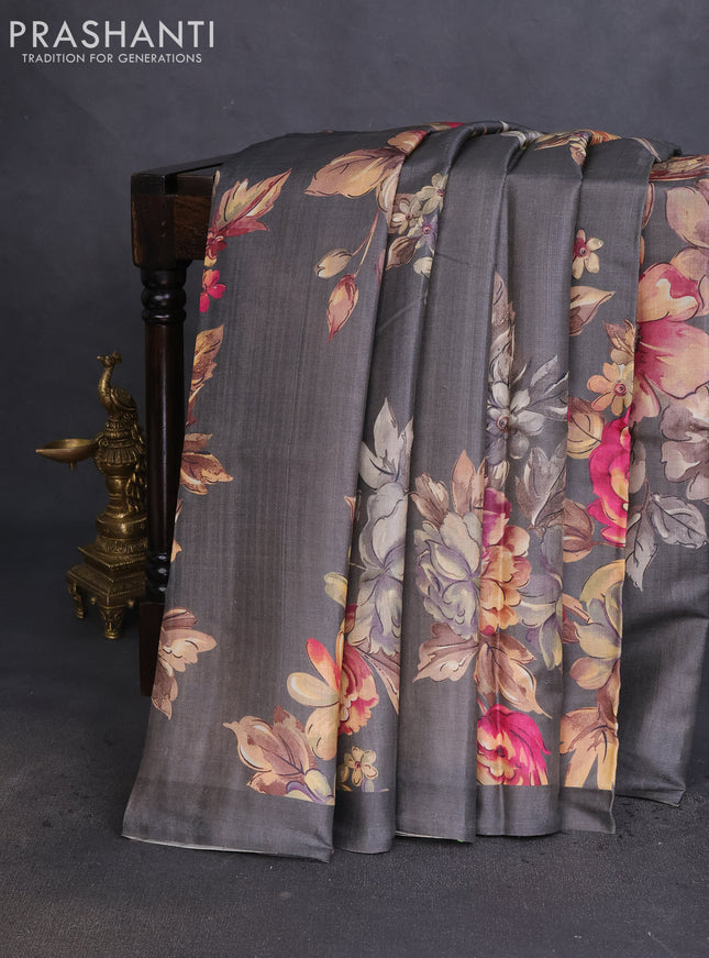 Pure tussar silk saree grey with allover floral digital prints in borderless style