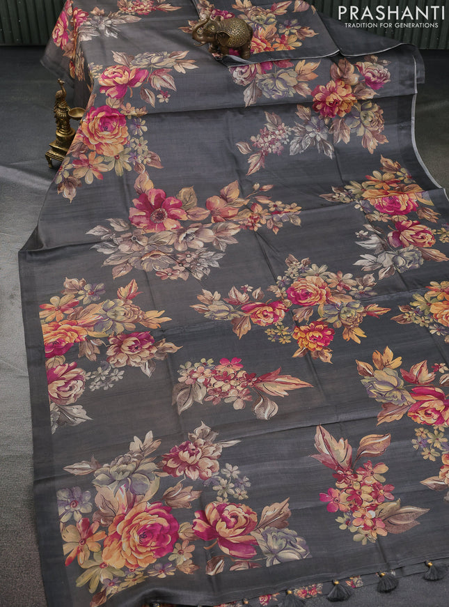 Pure tussar silk saree grey with allover floral digital prints in borderless style