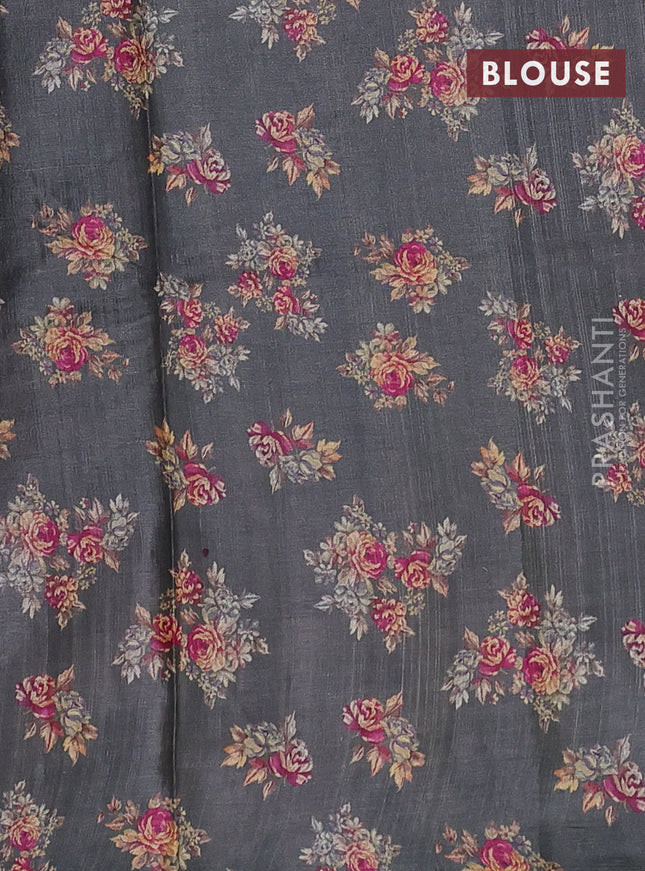 Pure tussar silk saree grey with allover floral digital prints in borderless style