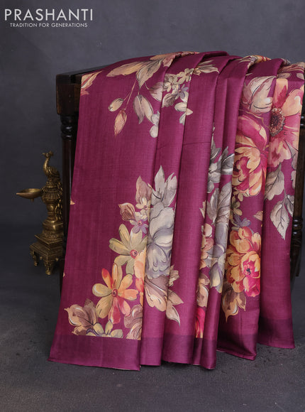Pure tussar silk saree dark magenta pink with allover floral digital prints in borderless style