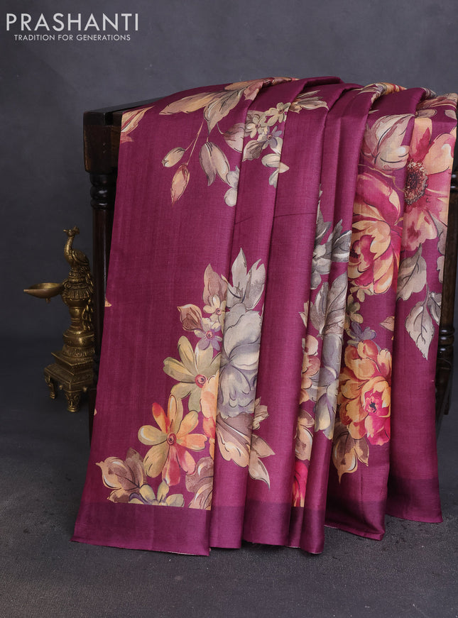 Pure tussar silk saree dark magenta pink with allover floral digital prints in borderless style
