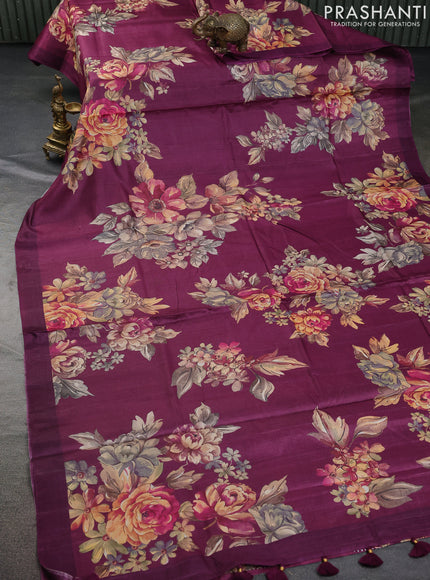 Pure tussar silk saree dark magenta pink with allover floral digital prints in borderless style