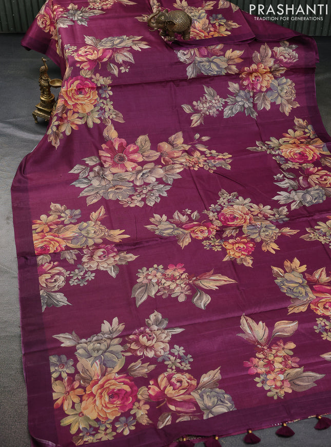Pure tussar silk saree dark magenta pink with allover floral digital prints in borderless style