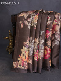 Pure tussar silk saree brown with allover floral digital prints in borderless style