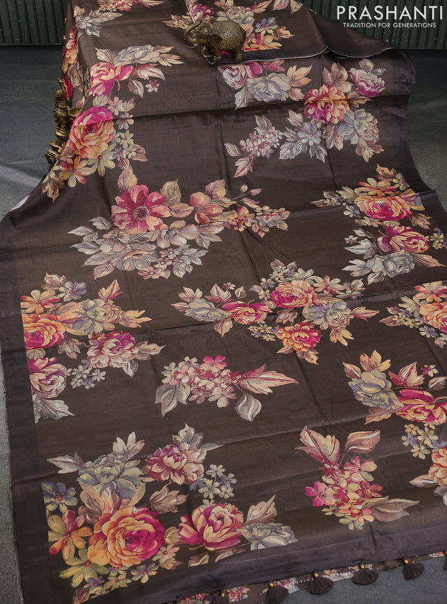 Pure tussar silk saree brown with allover floral digital prints in borderless style