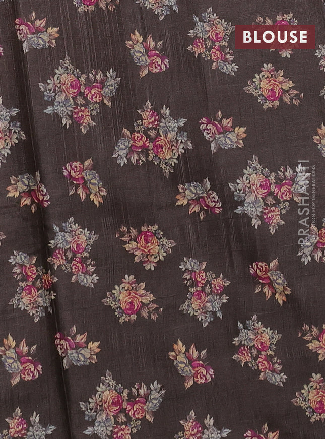Pure tussar silk saree brown with allover floral digital prints in borderless style