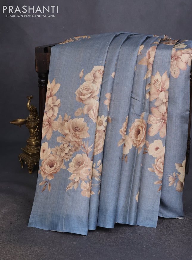 Pure tussar silk saree grey with allover floral digital prints in borderless style