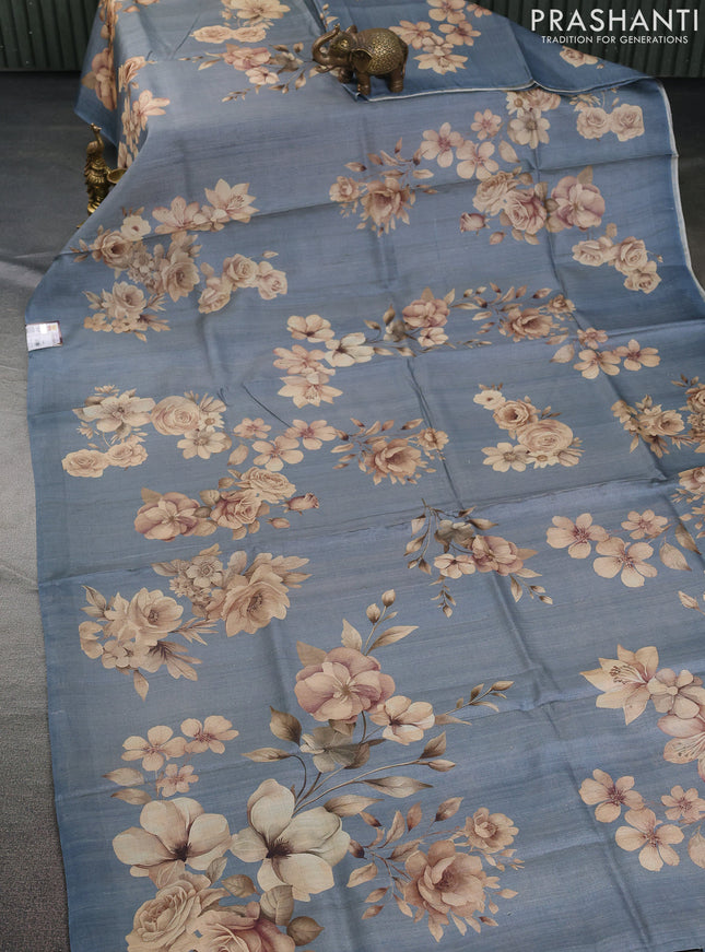 Pure tussar silk saree grey with allover floral digital prints in borderless style