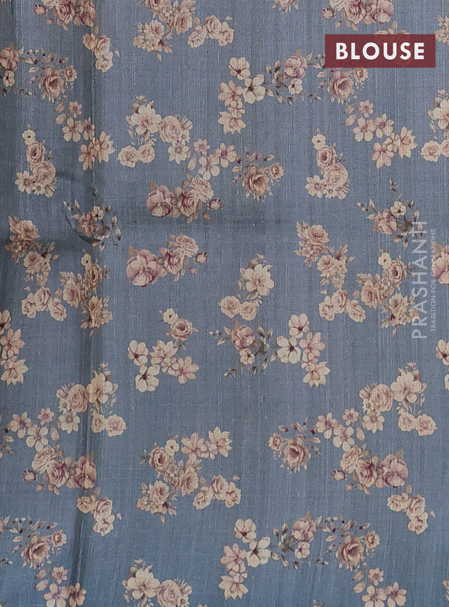 Pure tussar silk saree grey with allover floral digital prints in borderless style