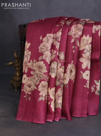 Pure tussar silk saree maroon with floral digital prints in borderless style