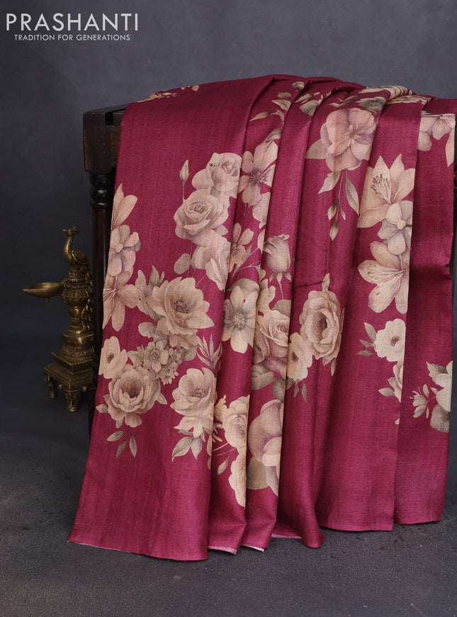 Pure tussar silk saree maroon with floral digital prints in borderless style