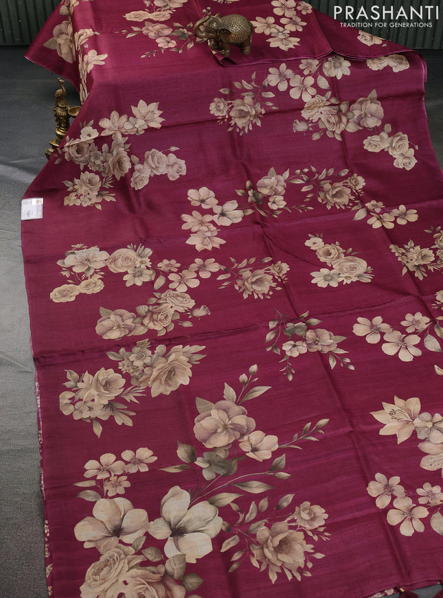 Pure tussar silk saree maroon with floral digital prints in borderless style