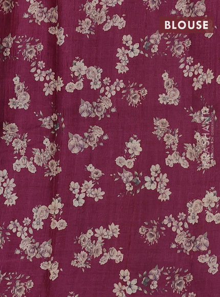 Pure tussar silk saree maroon with floral digital prints in borderless style