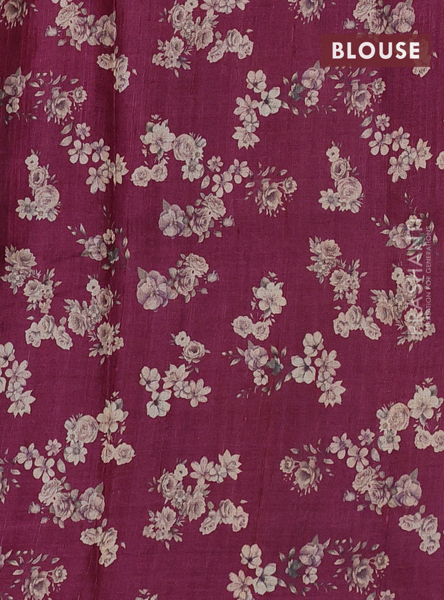 Pure tussar silk saree maroon with floral digital prints in borderless style