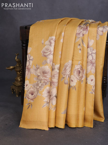 Pure tussar silk saree yellow with floral digital prints in borderless style