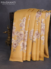 Pure tussar silk saree yellow with floral digital prints in borderless style