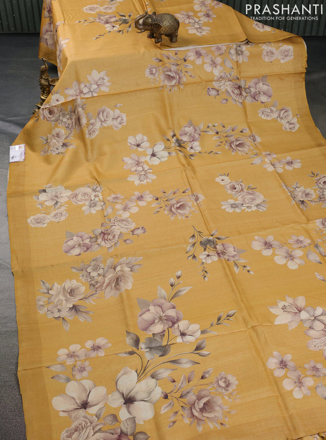 Pure tussar silk saree yellow with floral digital prints in borderless style
