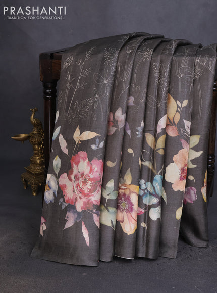Pure tussar silk saree grey with floral digital prints in borderless style