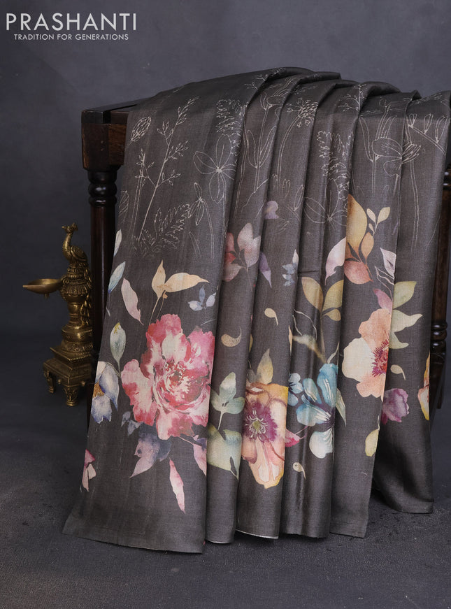 Pure tussar silk saree grey with floral digital prints in borderless style
