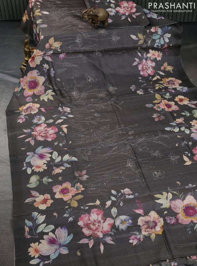 Pure tussar silk saree grey with floral digital prints in borderless style