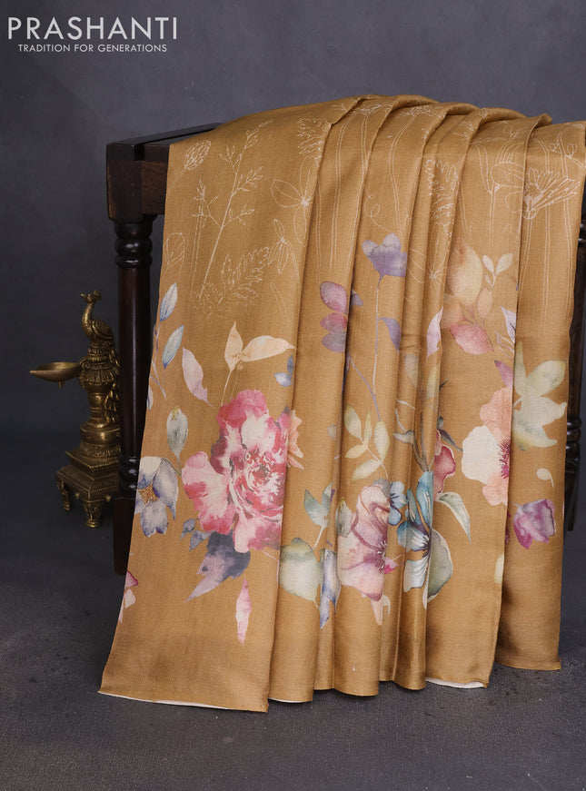 Pure tussar silk saree sandal with floral digital prints in borderless style