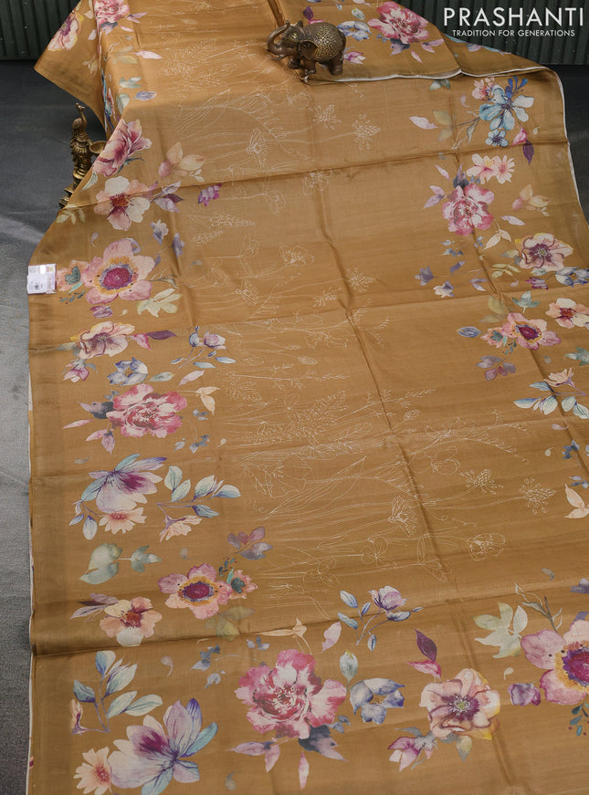 Pure tussar silk saree sandal with floral digital prints in borderless style