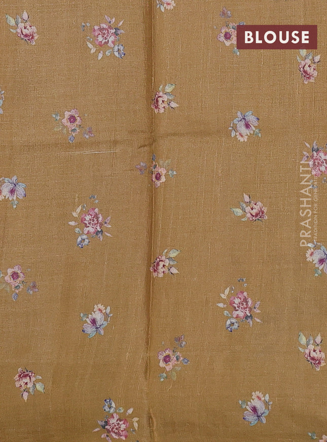 Pure tussar silk saree sandal with floral digital prints in borderless style