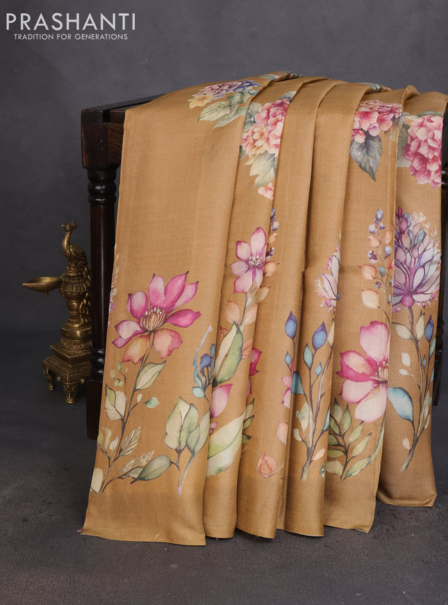 Pure tussar silk saree sandal with floral digital prints in borderless style