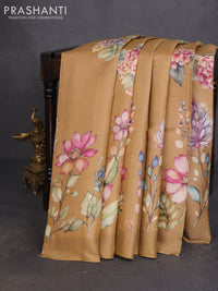 Pure tussar silk saree sandal with floral digital prints in borderless style