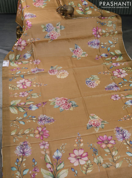 Pure tussar silk saree sandal with floral digital prints in borderless style