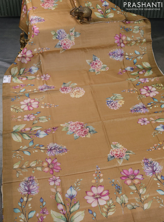 Pure tussar silk saree sandal with floral digital prints in borderless style