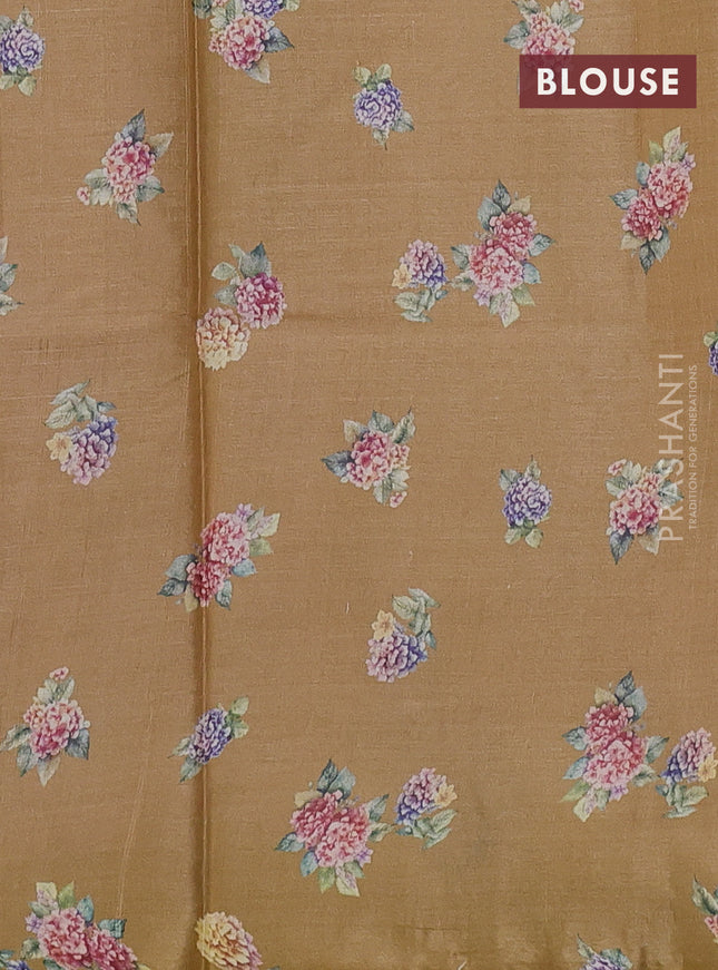 Pure tussar silk saree sandal with floral digital prints in borderless style