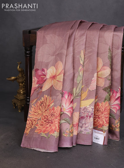 Pure tussar silk saree rosy brown with allover floral digital prints in borderless style