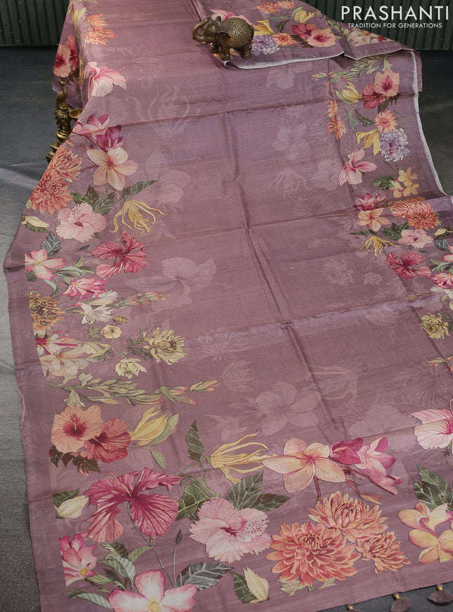 Pure tussar silk saree rosy brown with allover floral digital prints in borderless style
