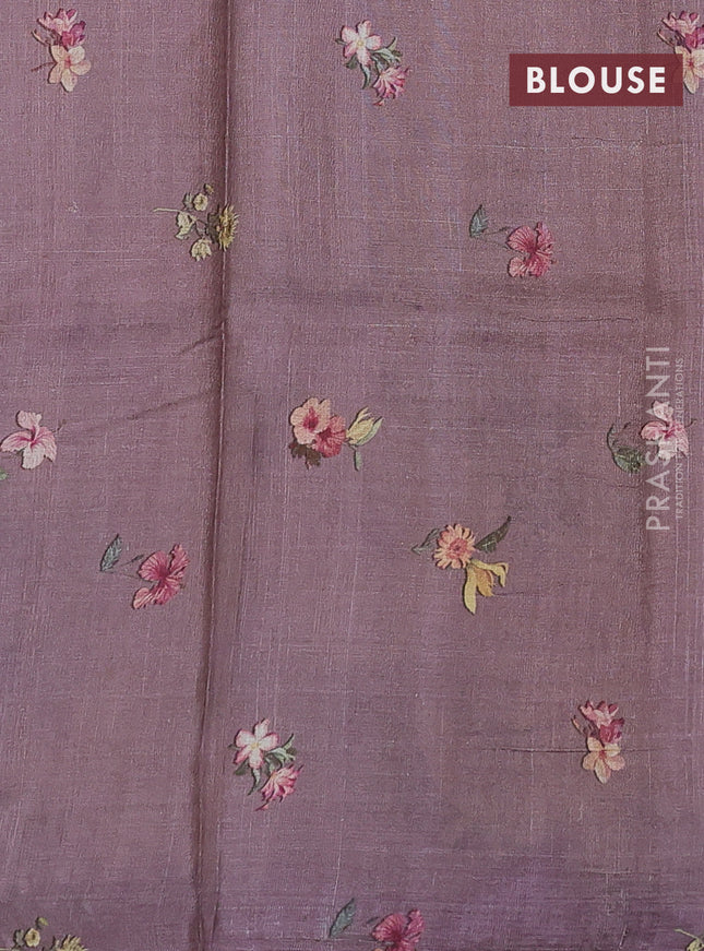 Pure tussar silk saree rosy brown with allover floral digital prints in borderless style