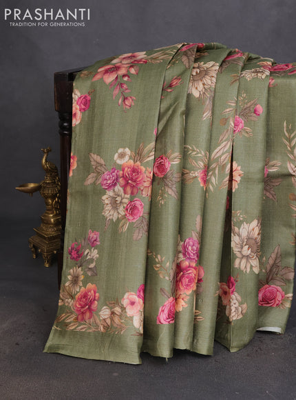 Pure tussar silk saree pastel green with allover floral digital prints in borderless style