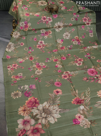 Pure tussar silk saree pastel green with allover floral digital prints in borderless style