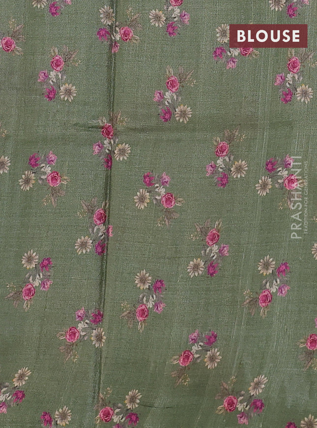 Pure tussar silk saree pastel green with allover floral digital prints in borderless style