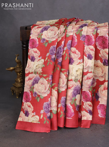 Pure tussar silk saree red with allover floral digital prints in borderless style