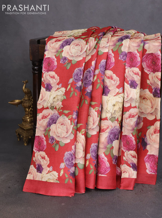 Pure tussar silk saree red with allover floral digital prints in borderless style