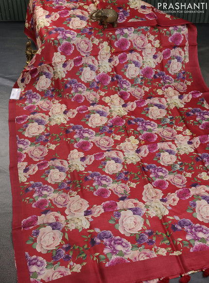 Pure tussar silk saree red with allover floral digital prints in borderless style