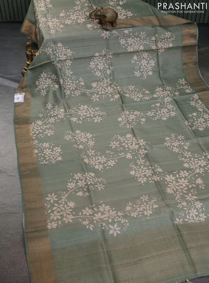 Pure tussar silk saree pastel green with allover floral digital prints and zari woven border