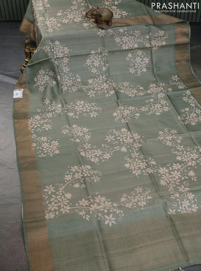 Pure tussar silk saree pastel green with allover floral digital prints and zari woven border