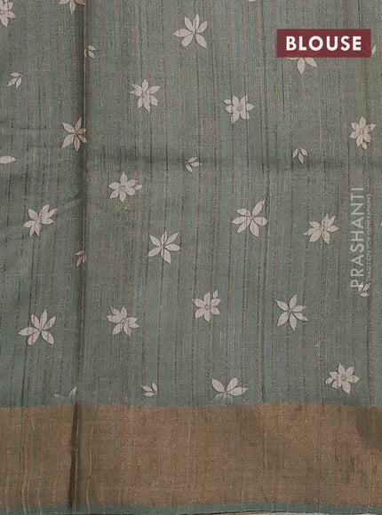 Pure tussar silk saree pastel green with allover floral digital prints and zari woven border