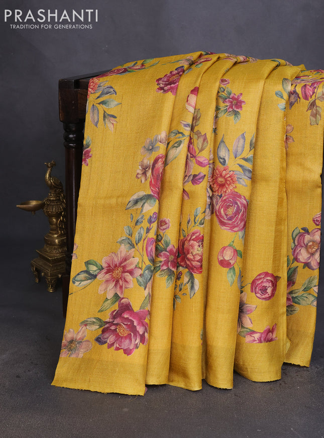 Pure tussar silk saree yellow with allover floral digital prints and zari woven border