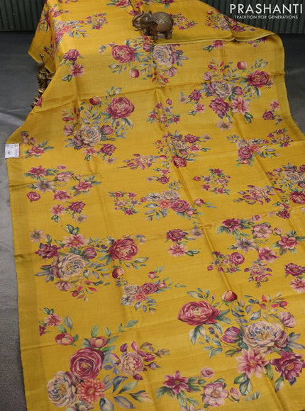Pure tussar silk saree yellow with allover floral digital prints and zari woven border