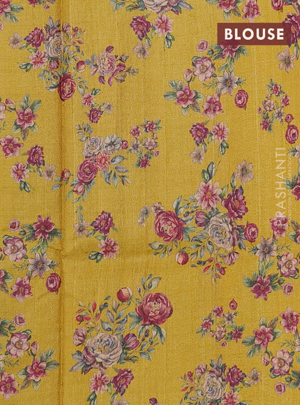 Pure tussar silk saree yellow with allover floral digital prints and zari woven border