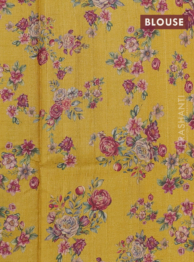 Pure tussar silk saree yellow with allover floral digital prints and zari woven border